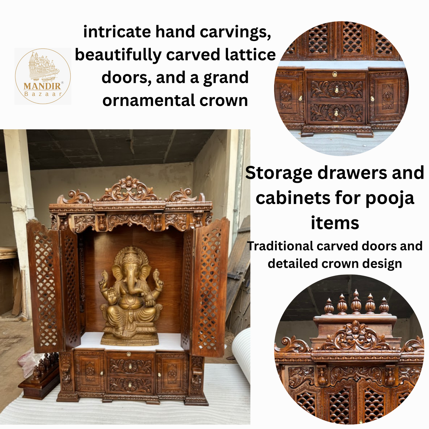 Detailed close-up of hand-carved floral top crown and elephant pillar base on Sheesham wood mandir