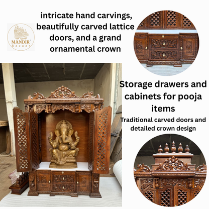 Detailed close-up of hand-carved floral top crown and elephant pillar base on Sheesham wood mandir