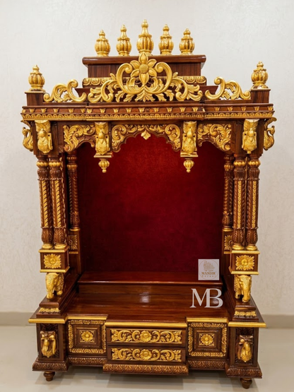 6 feet tall open front Sheesham wood home temple with red velvet backing and gold elephant pillars