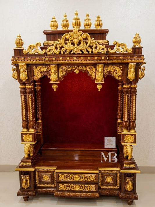 6 feet tall open front Sheesham wood home temple with red velvet backing and gold elephant pillars