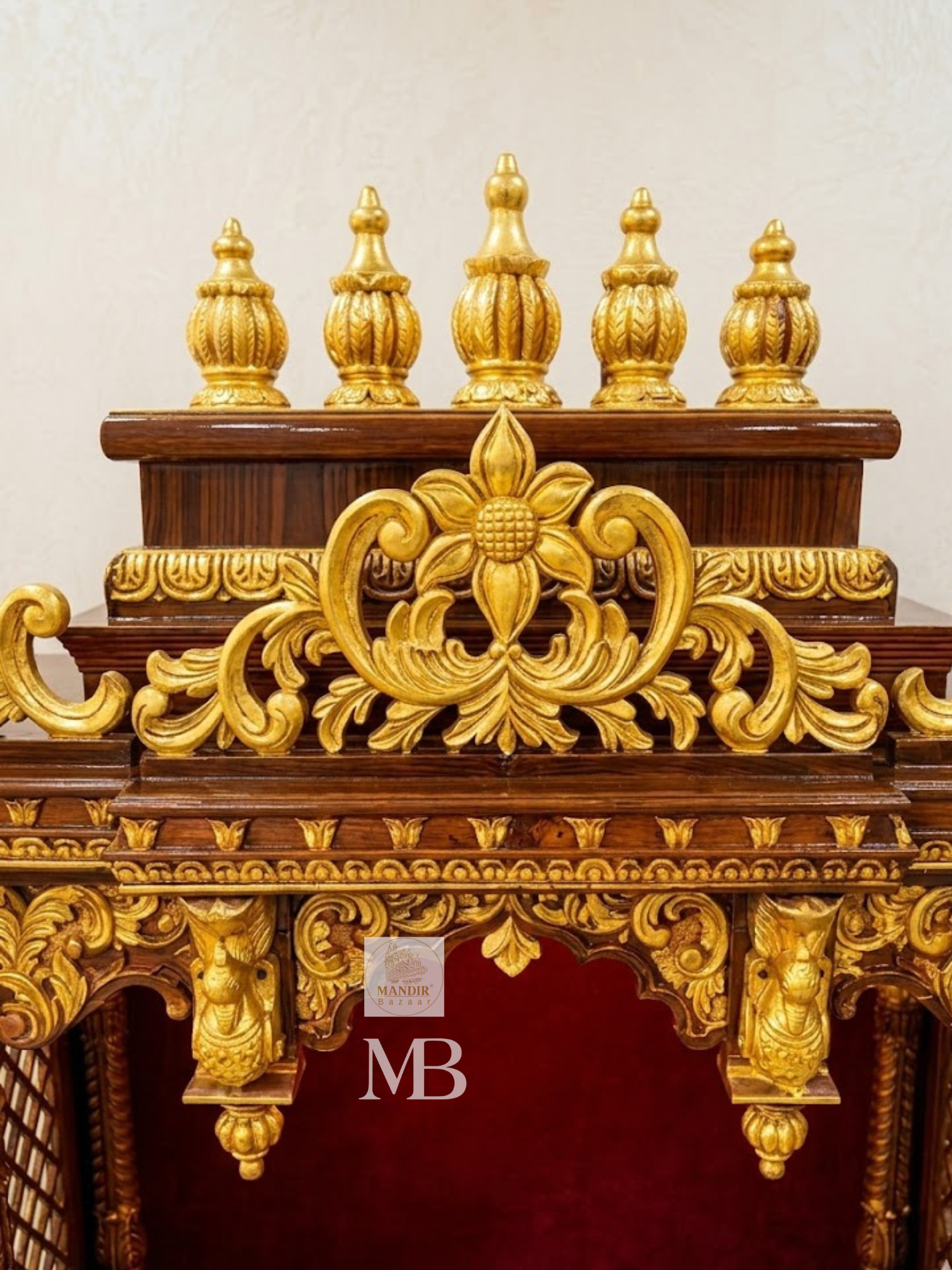 6 feet tall open front Sheesham wood home temple with red velvet backing and gold elephant pillars