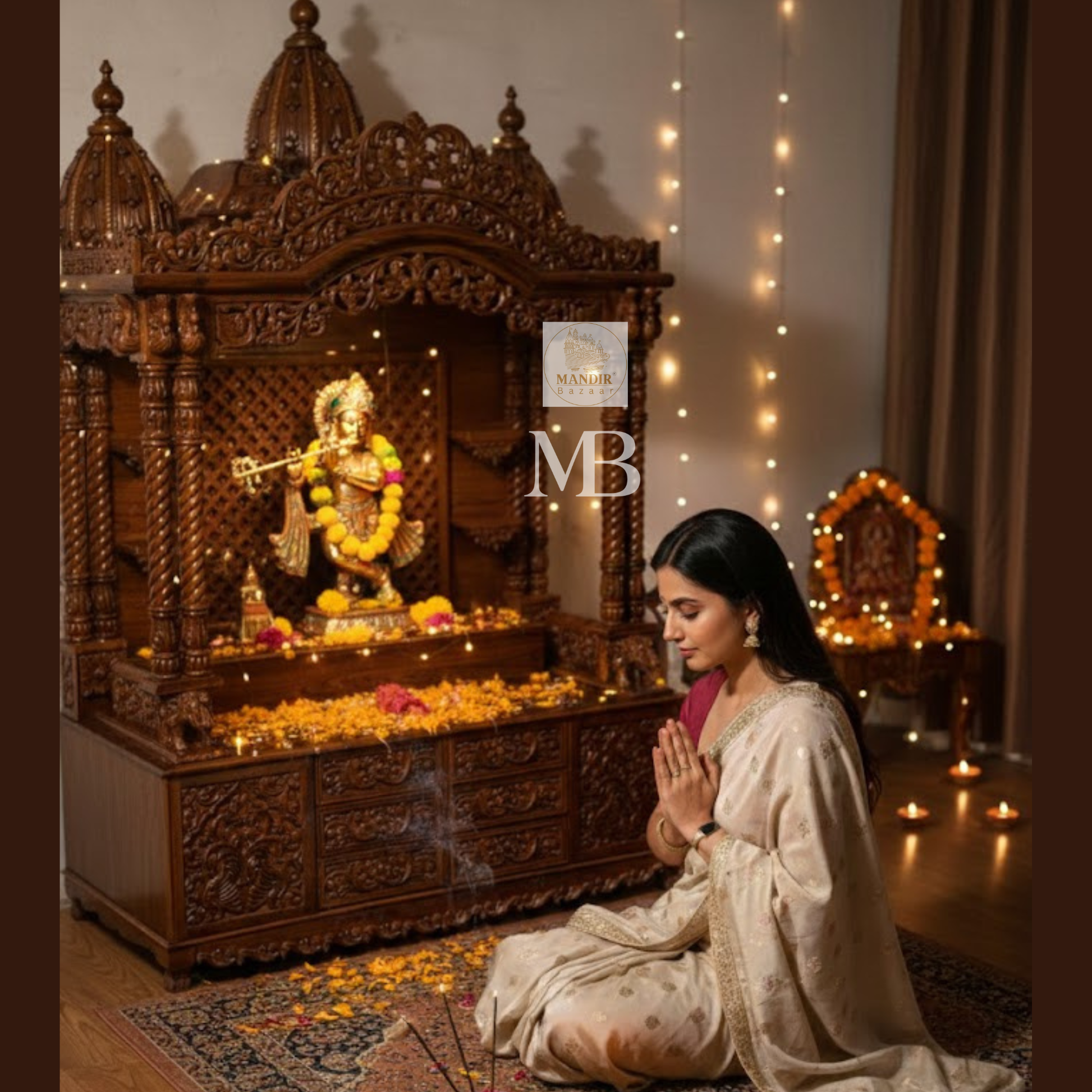 Hand carved Sheesham wood pooja mandir in walnut brown finish with storage drawers and decorative pillars