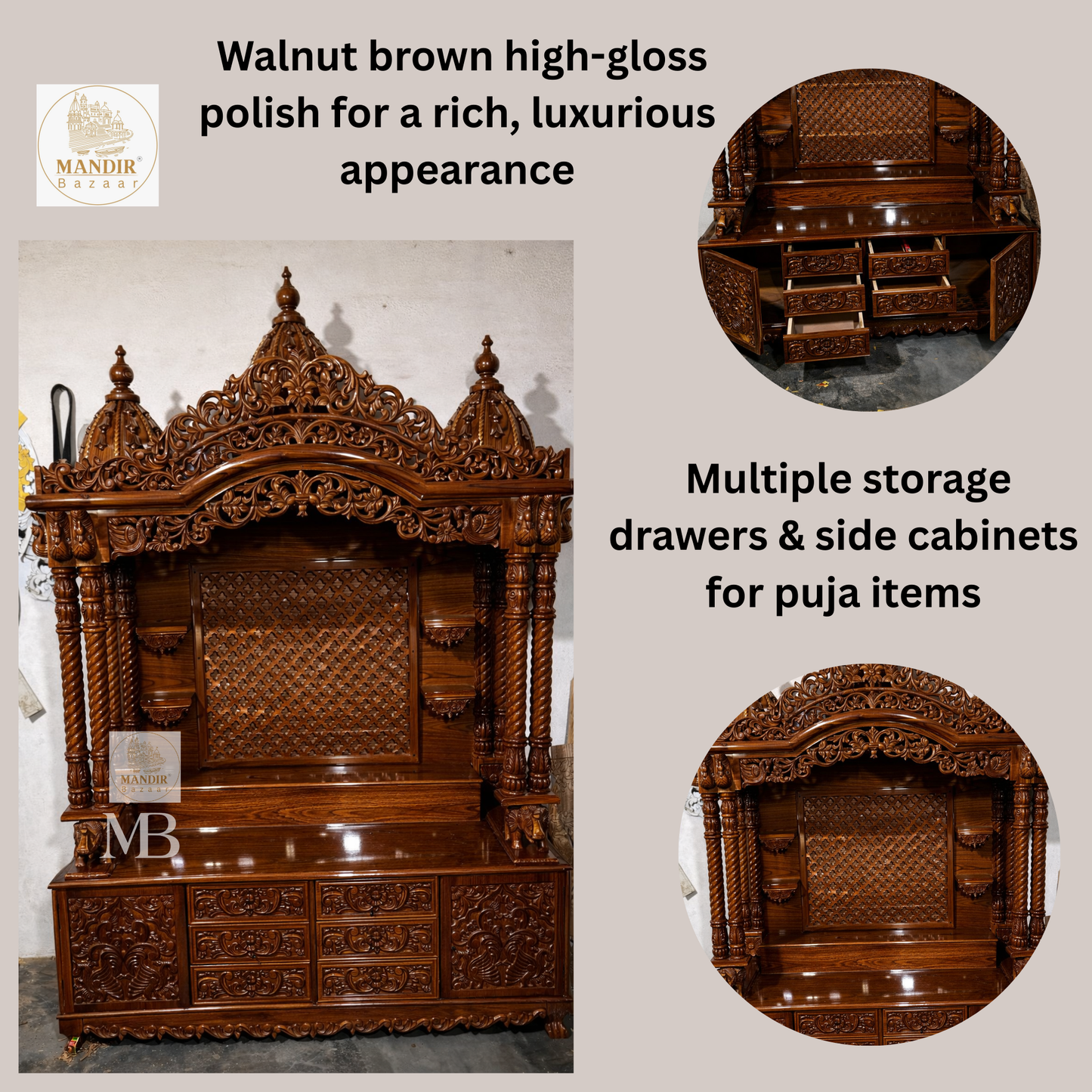 Luxury Sheesham wood pooja mandir with walnut brown high gloss finish, hand carving and multiple storage drawers
