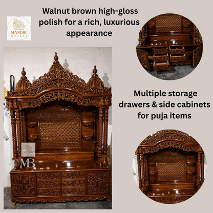 Luxury Sheesham wood pooja mandir with walnut brown high gloss finish, hand carving and multiple storage drawers