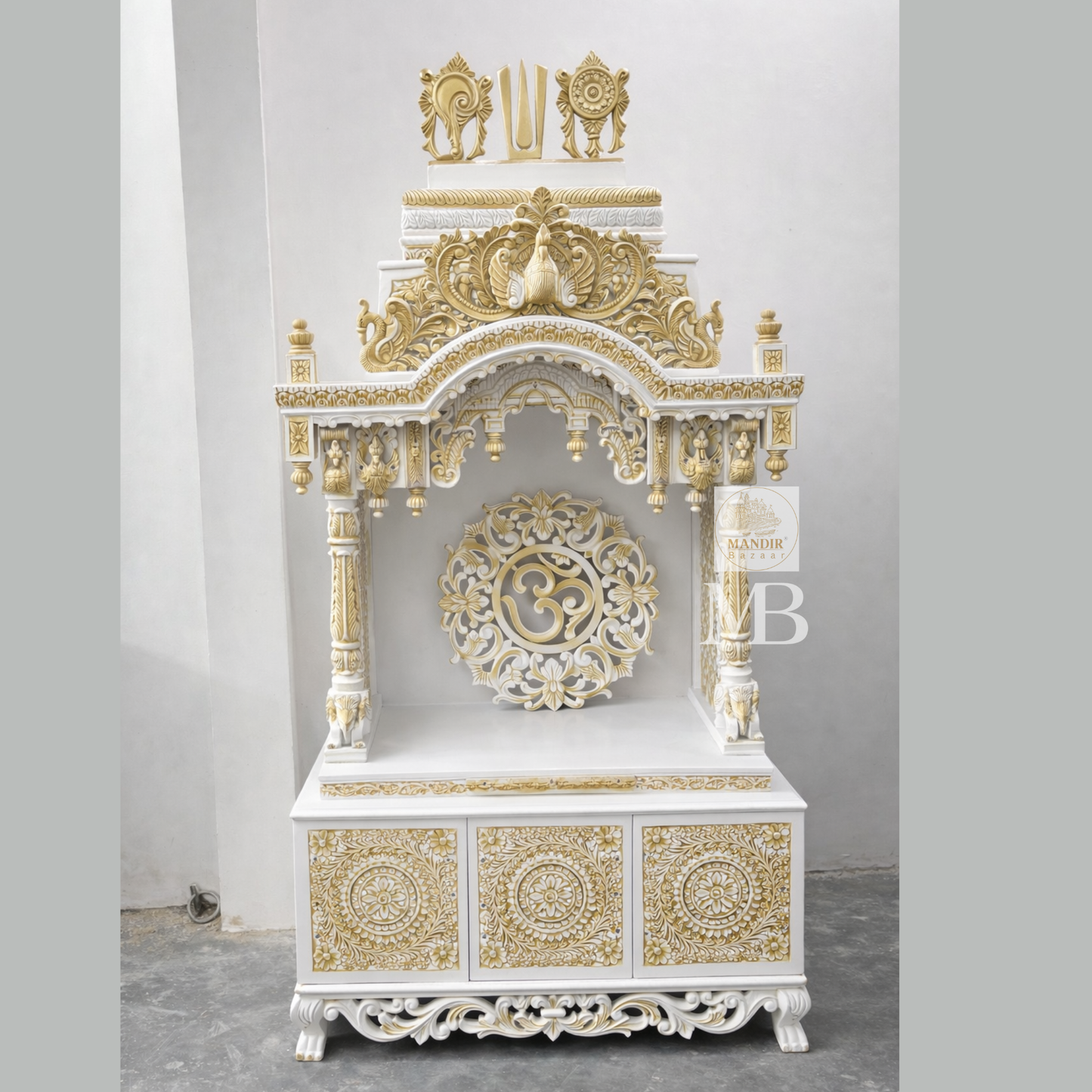 6 feet Sheesham wood pooja mandir in white and gold with hand carved details and storage drawers