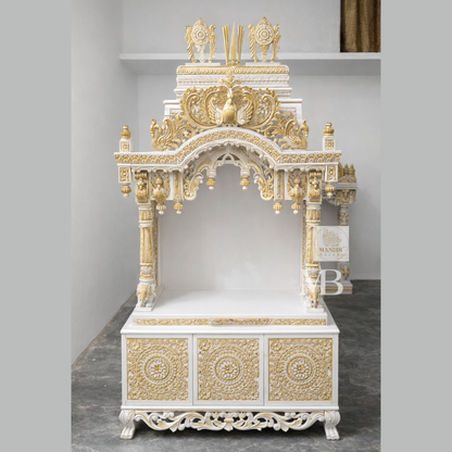 6 feet Sheesham wood pooja mandir in white and gold with hand carved details and storage drawers
