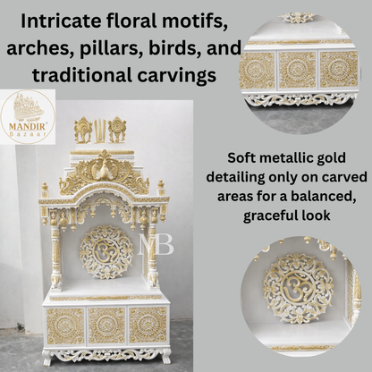 6 feet Sheesham wood pooja mandir in white and gold with hand carved details and storage drawers