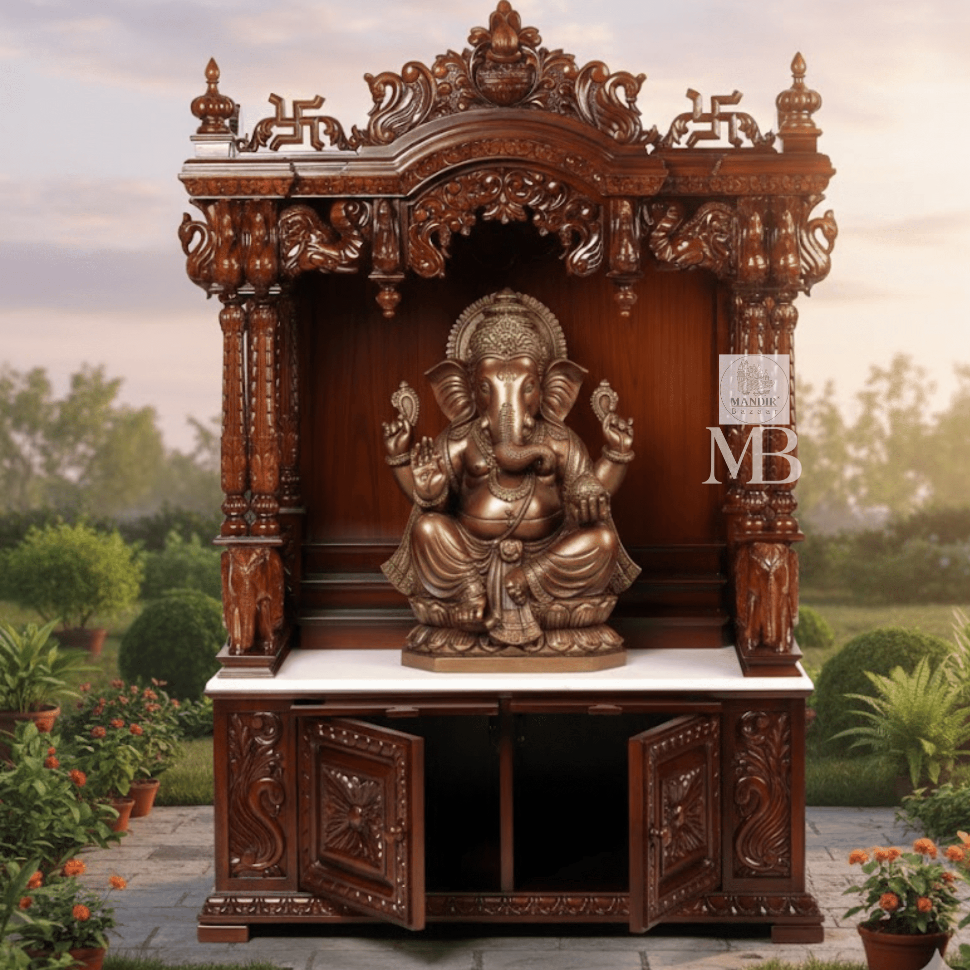 Luxury Sheesham wood pooja mandir with hand carved details, three steps and lower storage cabinet