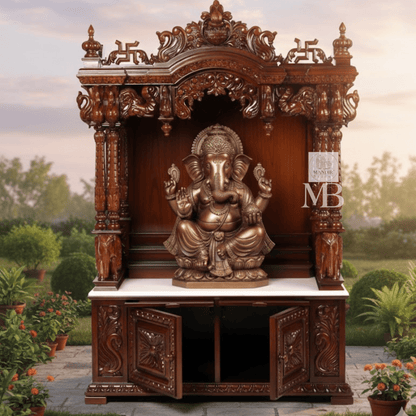 Luxury Sheesham wood pooja mandir with hand carved details, three steps and lower storage cabinet