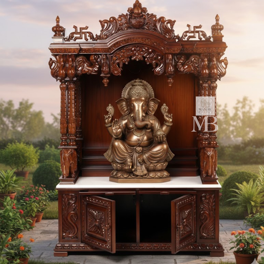 Luxury Sheesham wood pooja mandir with hand carved details, three steps and lower storage cabinet
