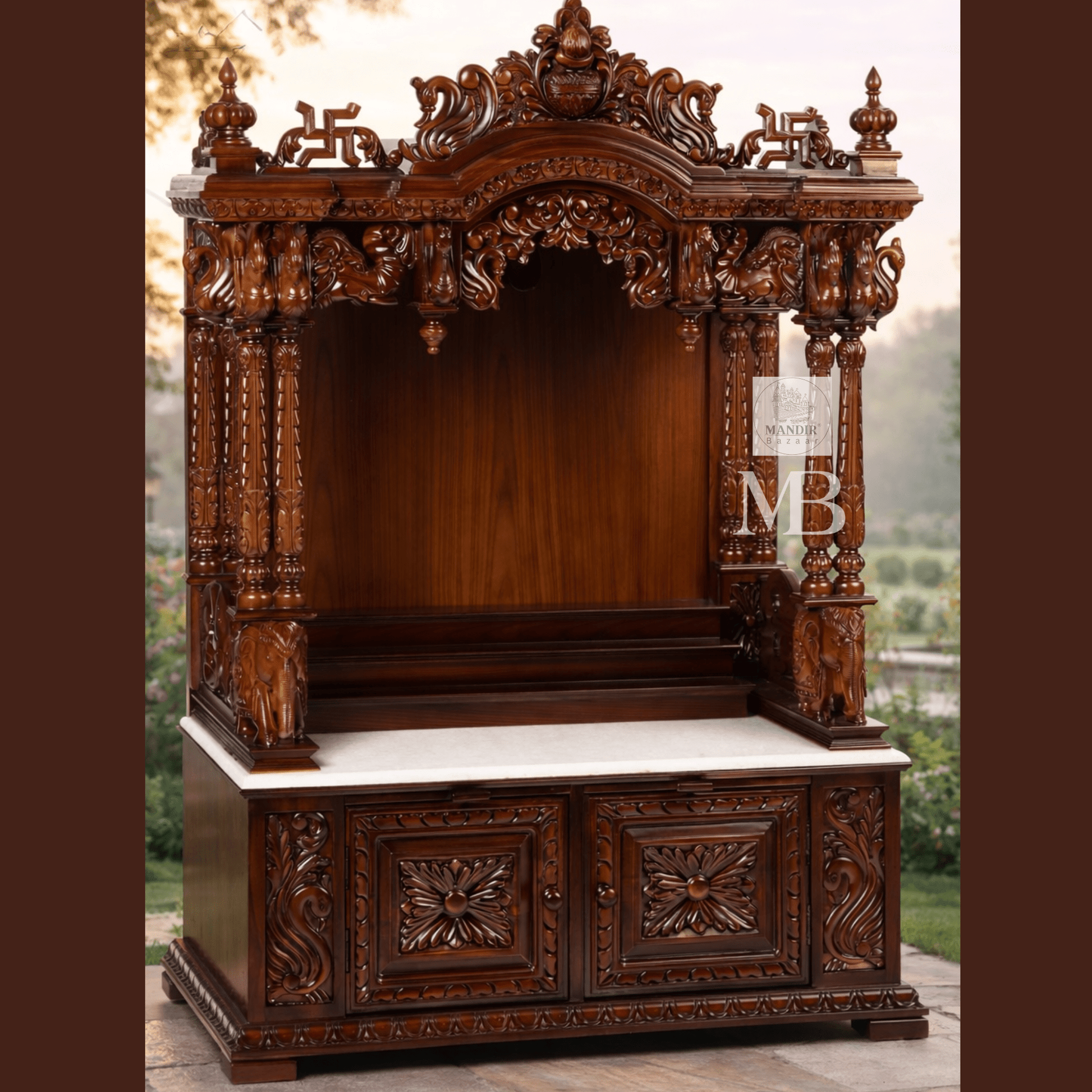 Hand carved Sheesham wood mandir for home with traditional crown, elephant pillars and three-step prayer platform