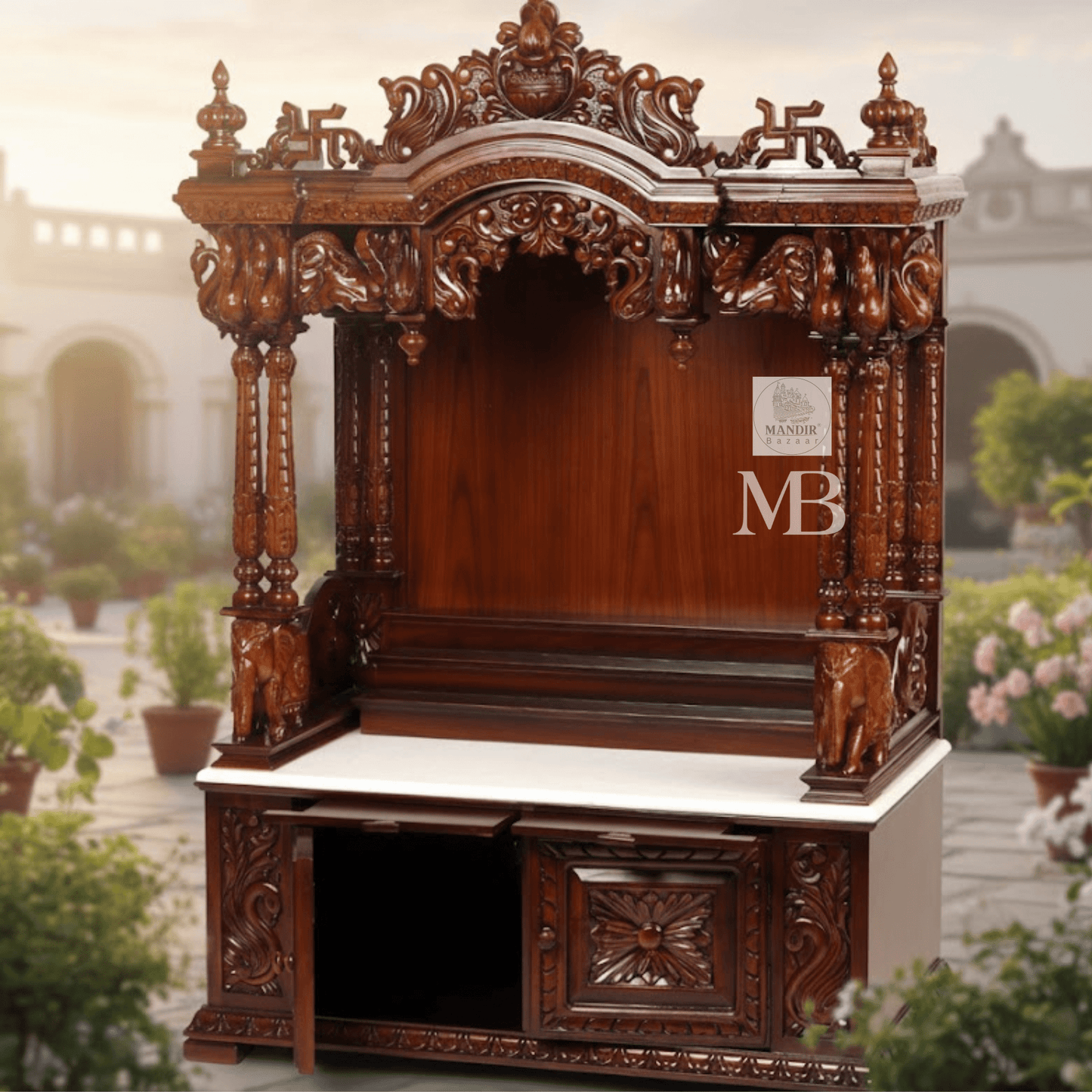 Hand carved Sheesham wood mandir for home with traditional crown, elephant pillars and three-step prayer platform