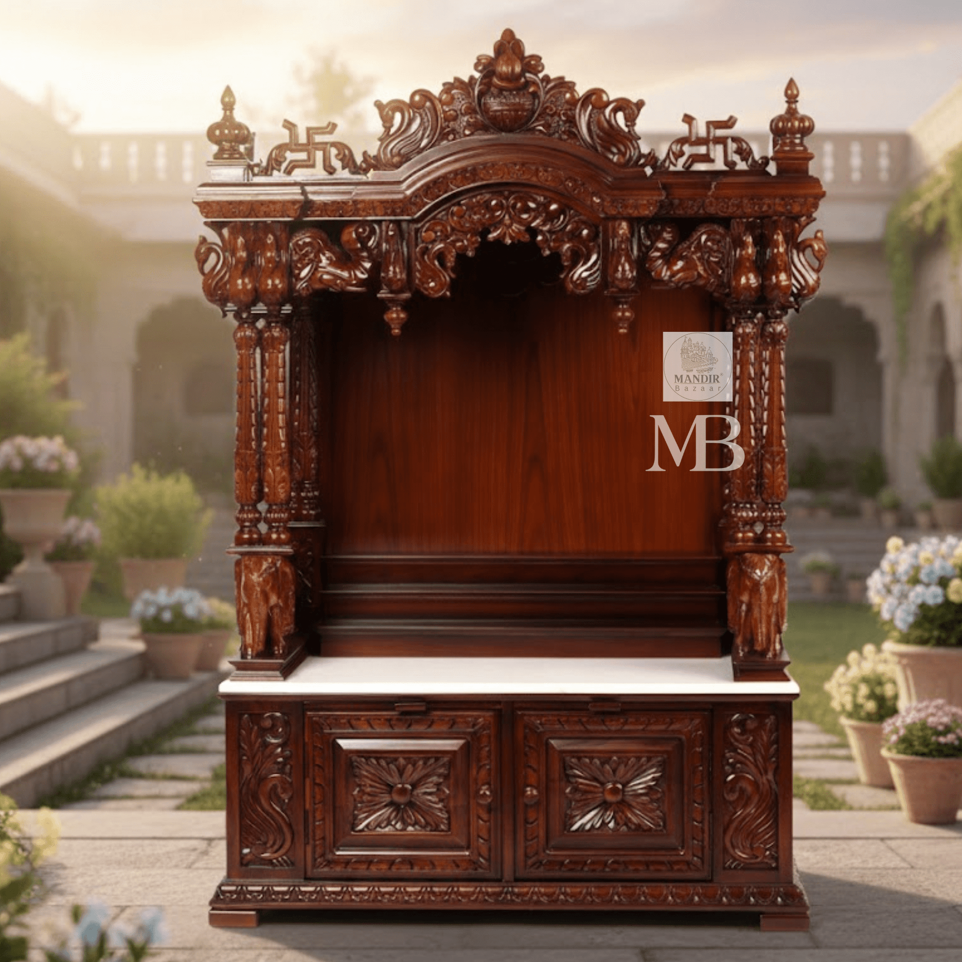 Sheesham wood mandir design showing three raised steps, carved pillars and decorative temple crown