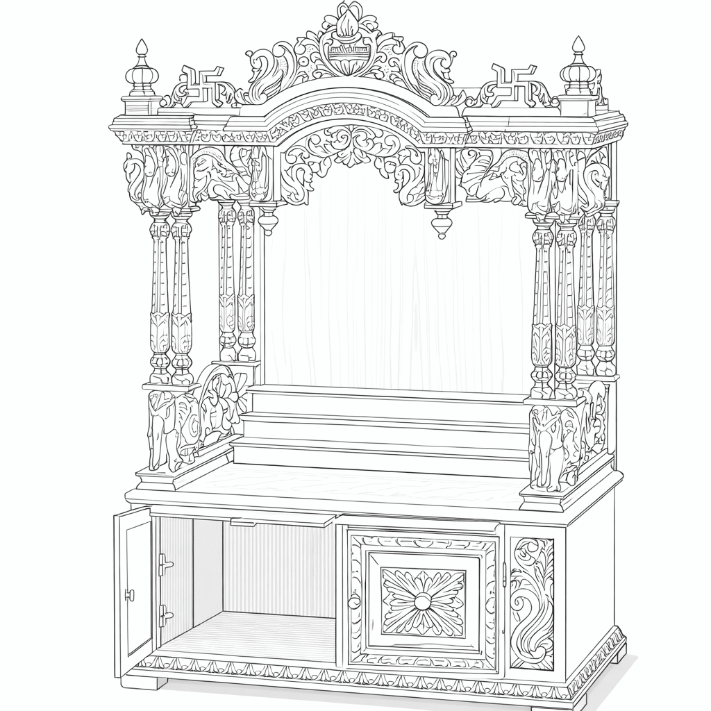 Sheesham wood mandir design showing three raised steps, carved pillars and decorative temple crown