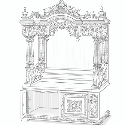 Sheesham wood mandir design showing three raised steps, carved pillars and decorative temple crown