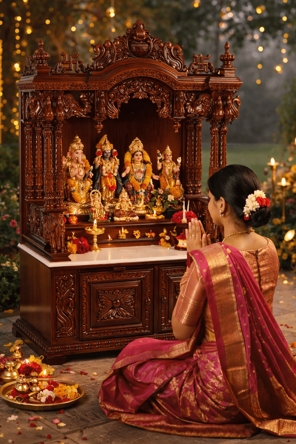 Traditional wooden mandir with detailed hand carved elephant pillars and floral decorations