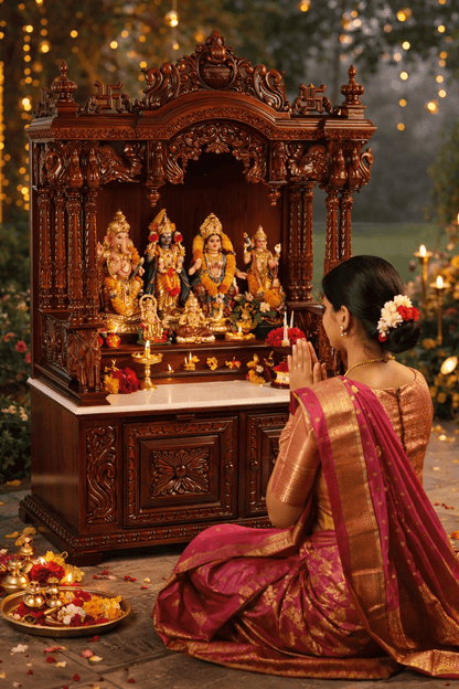 Traditional wooden mandir with detailed hand carved elephant pillars and floral decorations
