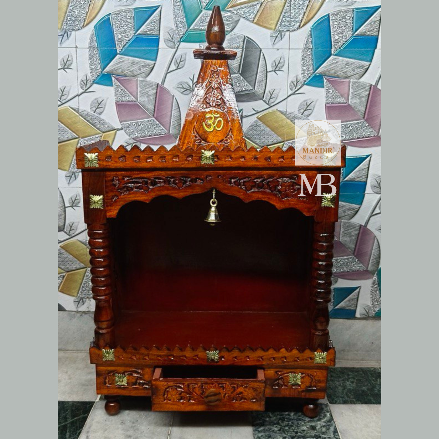 handcrafted Sheesham wood home temple with pyramid shikhar, Om symbol, and hanging brass bell