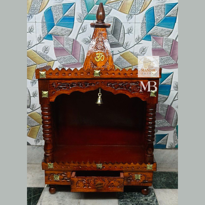handcrafted Sheesham wood home temple with pyramid shikhar, Om symbol, and hanging brass bell