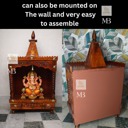 Front  and back view of 21 inch handcrafted Sheesham wood home temple with pyramid shikhar, Om symbol, and hanging brass bell
