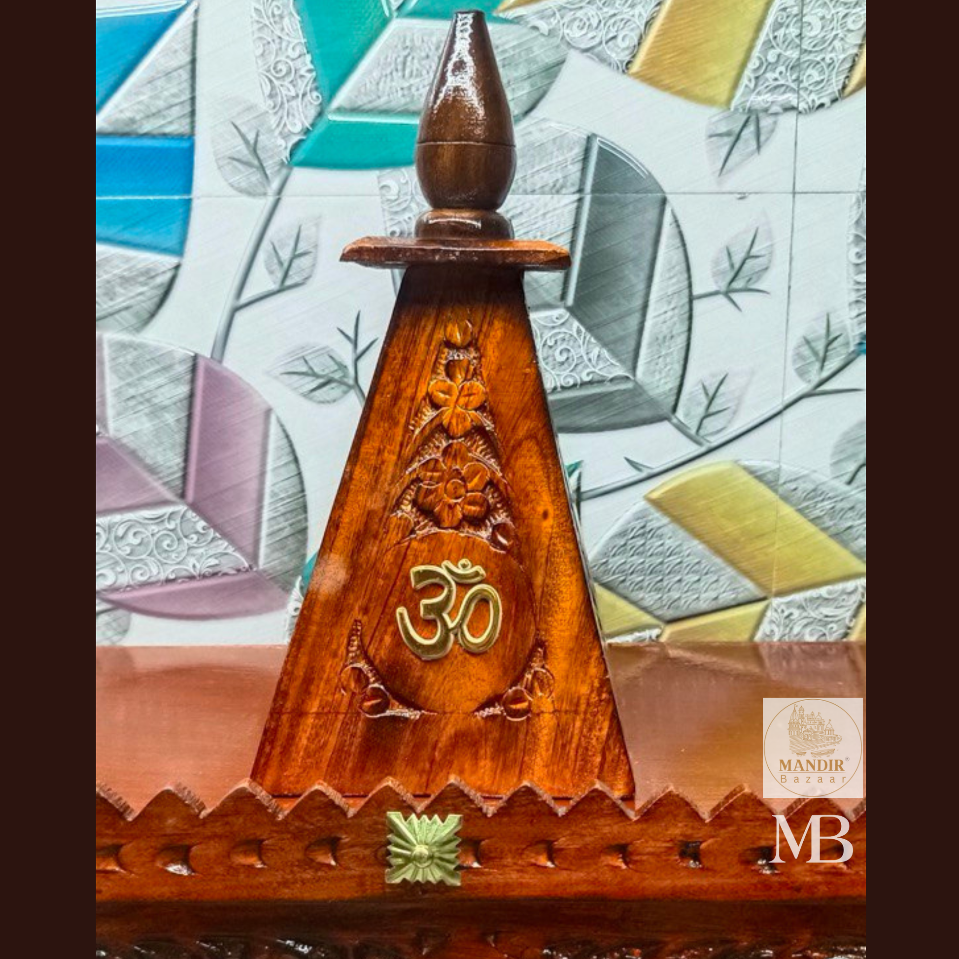 Sheesham wood home temple with pyramid shikhar, Om symbol, and hanging brass bell