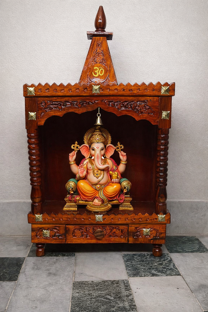 21 inch handcrafted Sheesham wood home temple with pyramid shikhar, Om symbol, and hanging brass bell