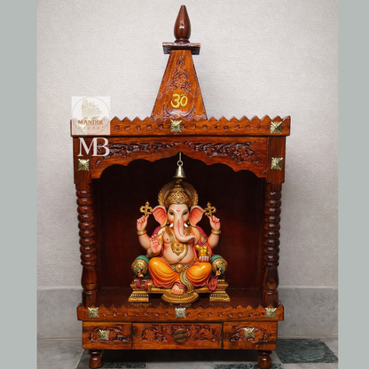 handcrafted Sheesham wood home temple with pyramid shikhar, Om symbol, and hanging brass bell