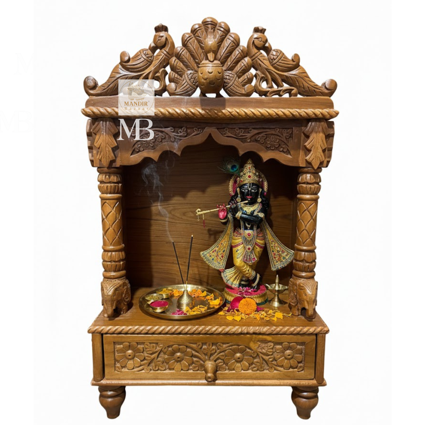 31 inch handcrafted Sheesham wood open temple with dancing peacock crest and carved drawer