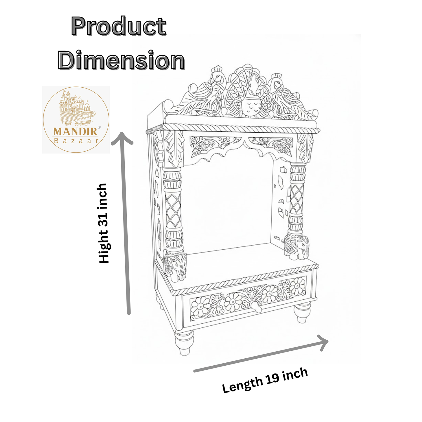 Technical dimension diagram showing 31 inch height and 19 inch length for Sheesham wood tabletop mandir