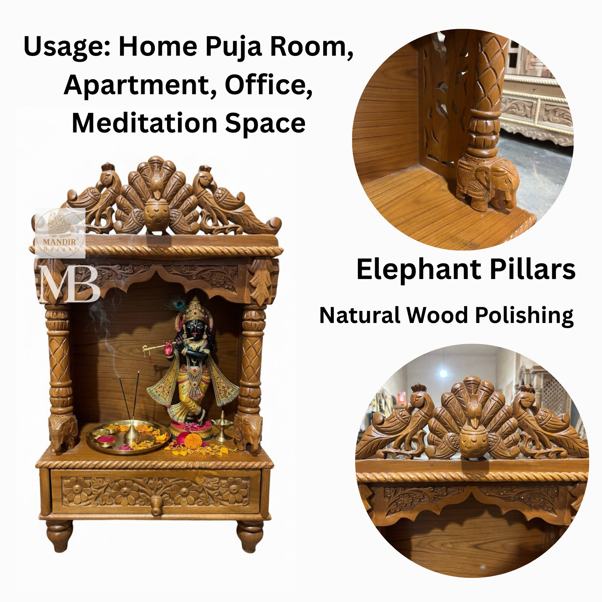 handcrafted Sheesham wood open temple with dancing peacock crest and carved drawer