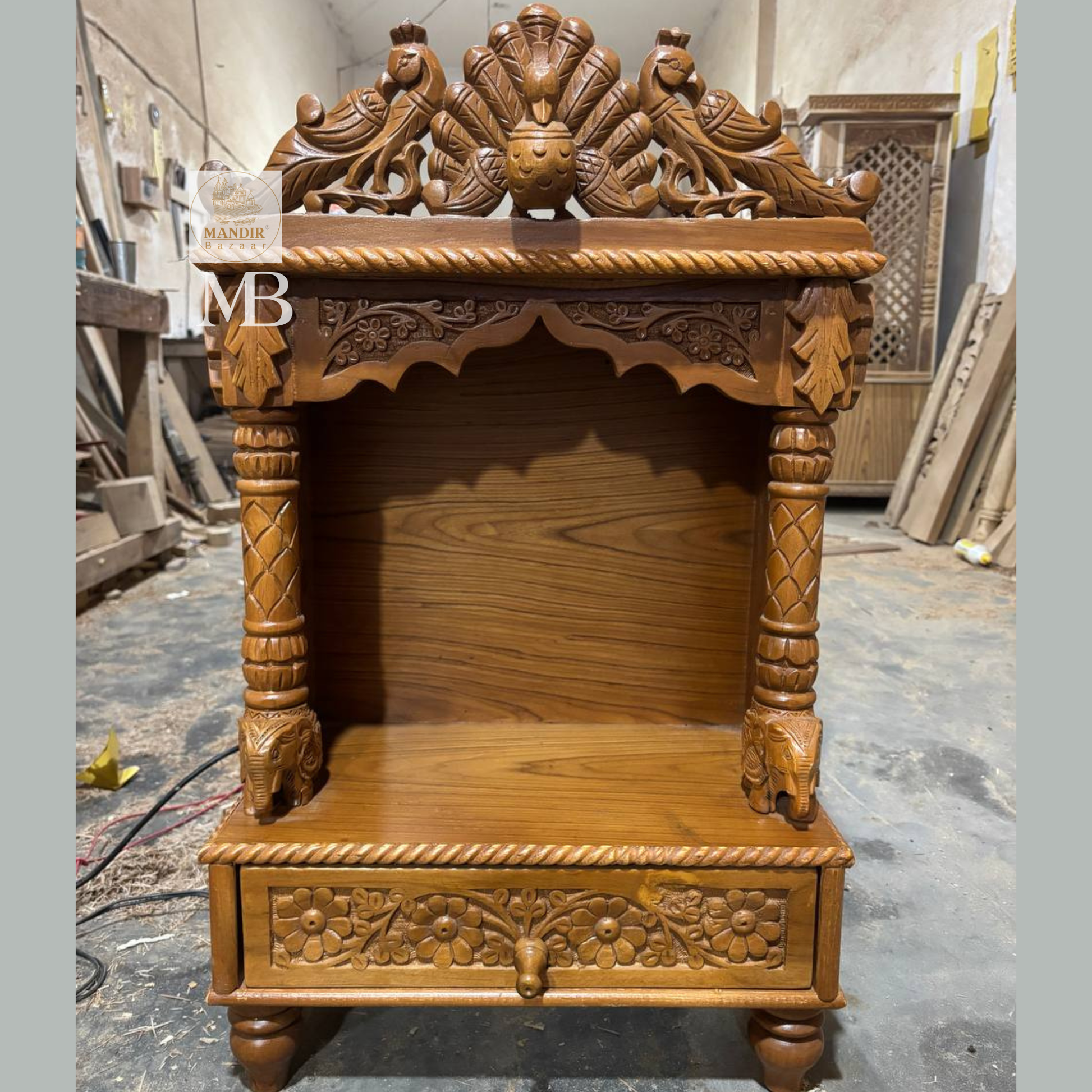 31 inch handcrafted Sheesham wood open temple with dancing peacock crest and carved drawer