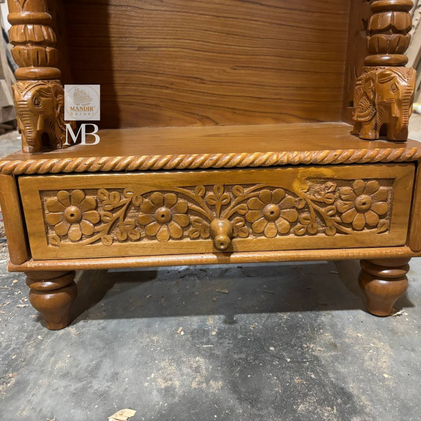 Sheesham wood open temple with dancing peacock crest and carved drawer