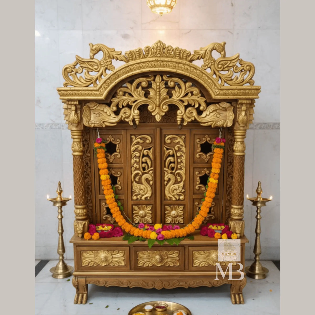 Front view of 3 feet tall Sheesham wood home temple with arched peacock shikhara and closed folding doors