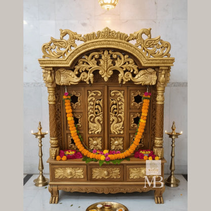 Front view of 3 feet tall Sheesham wood home temple with arched peacock shikhara and closed folding doors