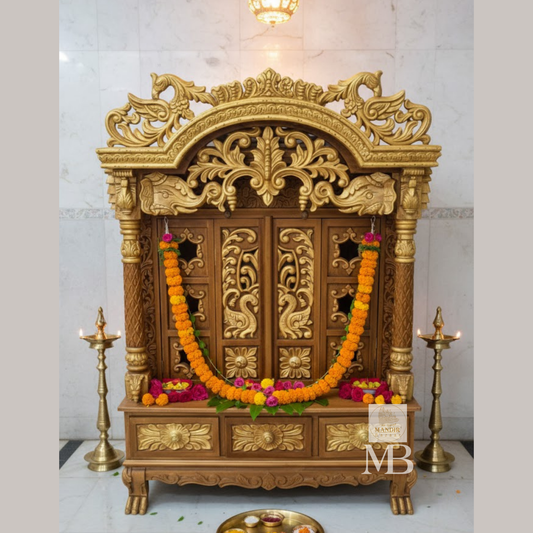 Front view of 3 feet tall Sheesham wood home temple with arched peacock shikhara and closed folding doors