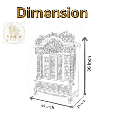 Technical dimension sketch showing 36 inch height, 24 inch width, and 15 inch depth for Sheesham wood mandir