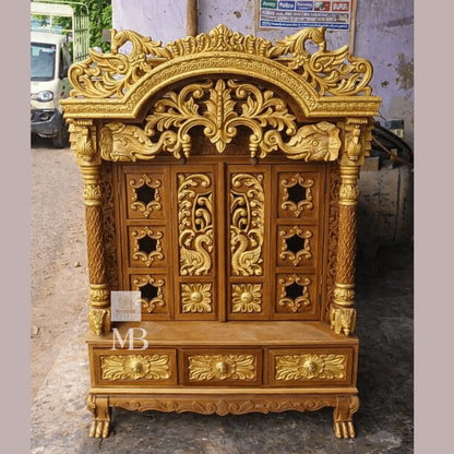 3 feet tall Sheesham wood home temple with arched peacock shikhara and closed folding doors