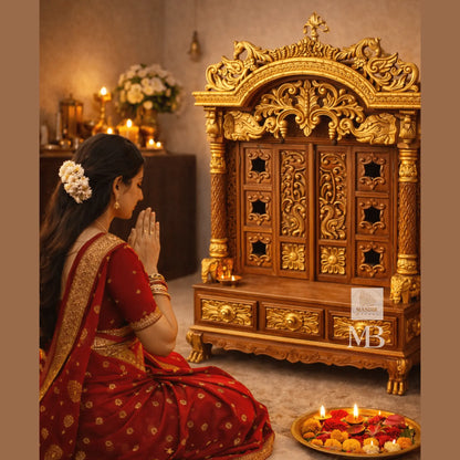 3 feet tall Sheesham wood home temple with arched peacock shikhara and closed folding doors