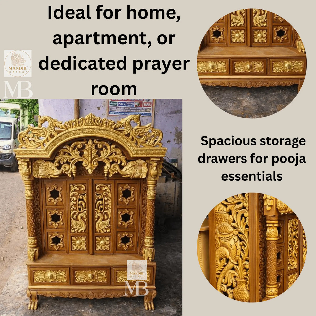 3 feet tall Sheesham wood home temple with arched peacock shikhara and closed folding doors