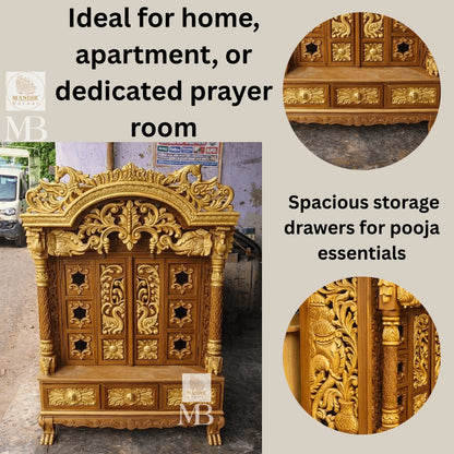 3 feet tall Sheesham wood home temple with arched peacock shikhara and closed folding doors
