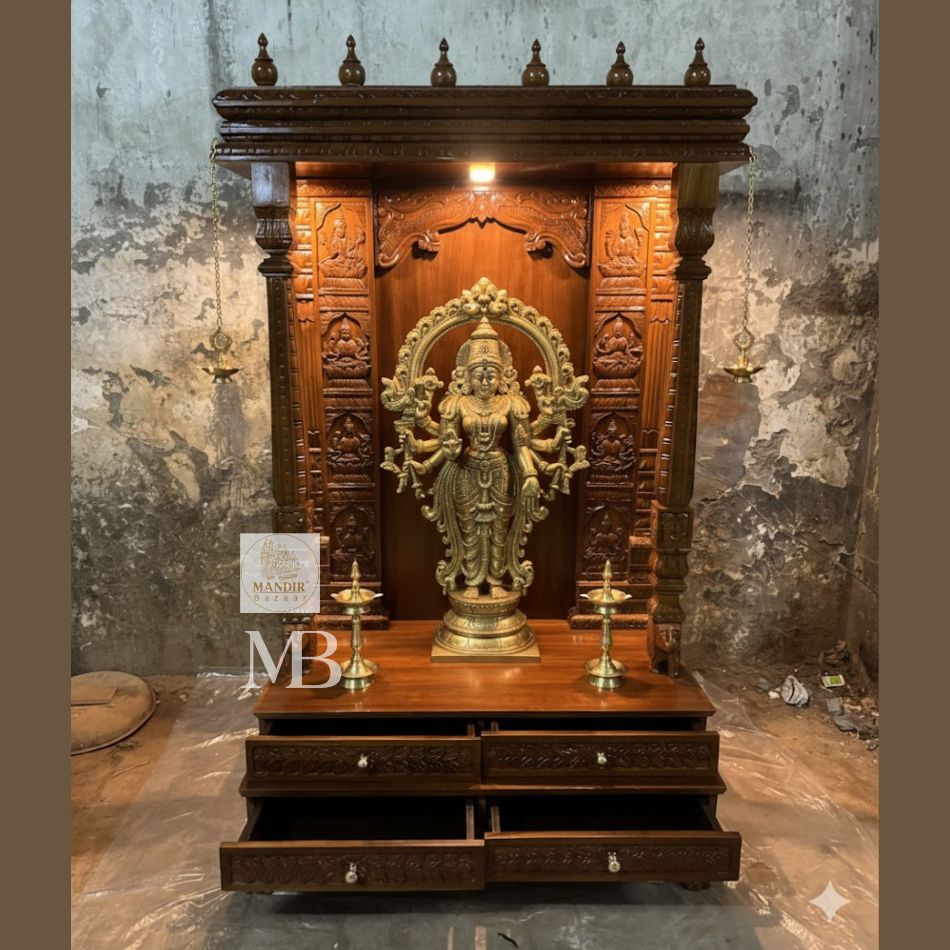Front view of natural walnut finished Sheesham wood pooja mandir showing open stepped base drawers