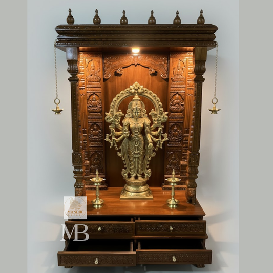 6 feet tall Sheesham wood home temple with illuminated LED lighting, Ashta Lakshmi pillars