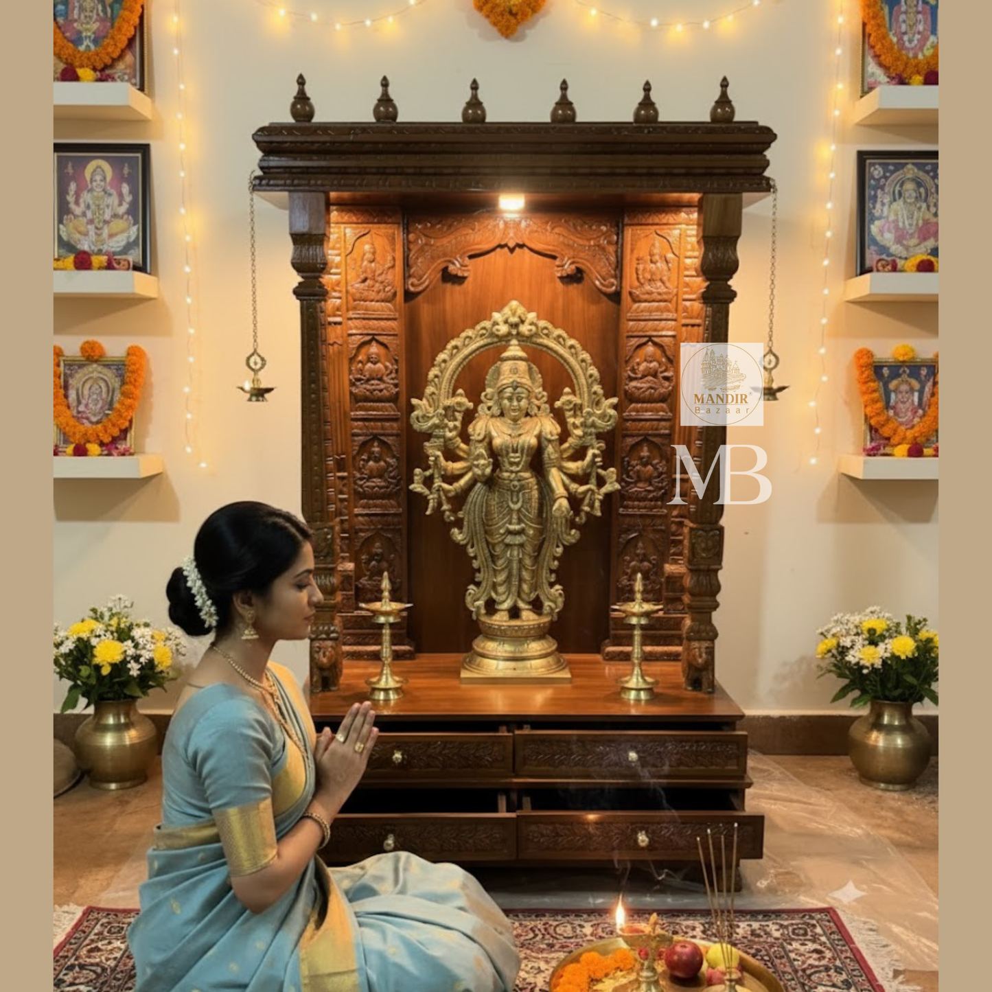 Front view of natural walnut finished Sheesham wood pooja mandir showing open stepped base drawers