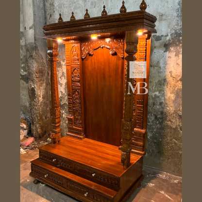 Side perspective angle of 6ft Sheesham wood temple highlighting 24 inch depth and elephant pillar bases