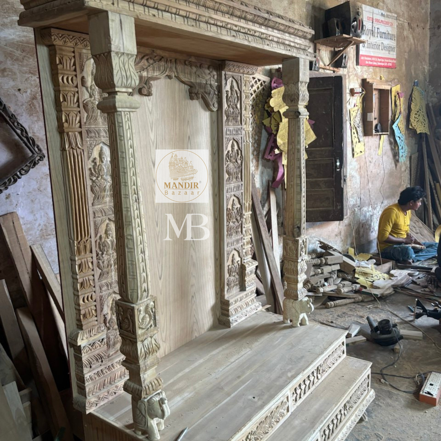 6 feet tall Sheesham wood home temple with illuminated LED lighting and Ashta Lakshmi pillars (Brass idol not included)