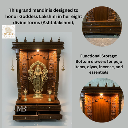 6 feet tall Sheesham wood home temple with illuminated LED lighting, Ashta Lakshmi pillars, and brass idol