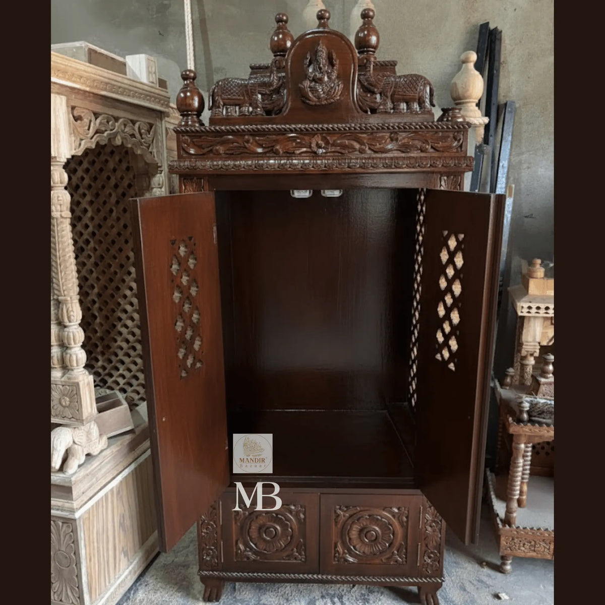 Open doors interior view of Sheesham wood temple showing built-in ceiling LED lights and spacious altar