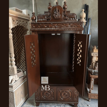 Open doors interior view of Sheesham wood temple showing built-in ceiling LED lights and spacious altar