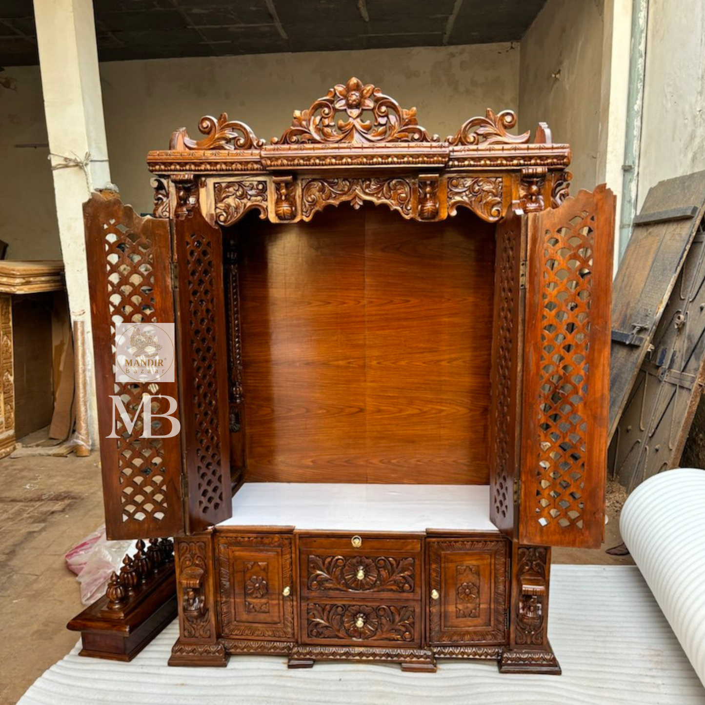 6 feet tall handcrafted solid Sheesham wood home temple with closed folding jali doors and storage cabinet
