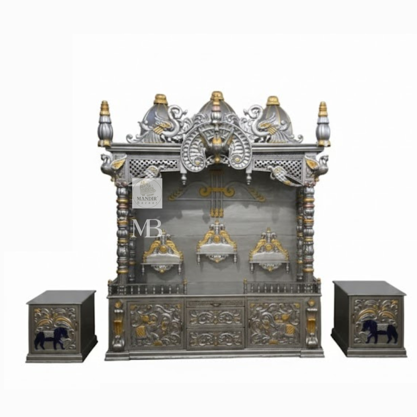 Luxury silver and gold hand carved wooden pooja mandir with ornate crown, decorative pillars, storage drawers and matching side cabinets